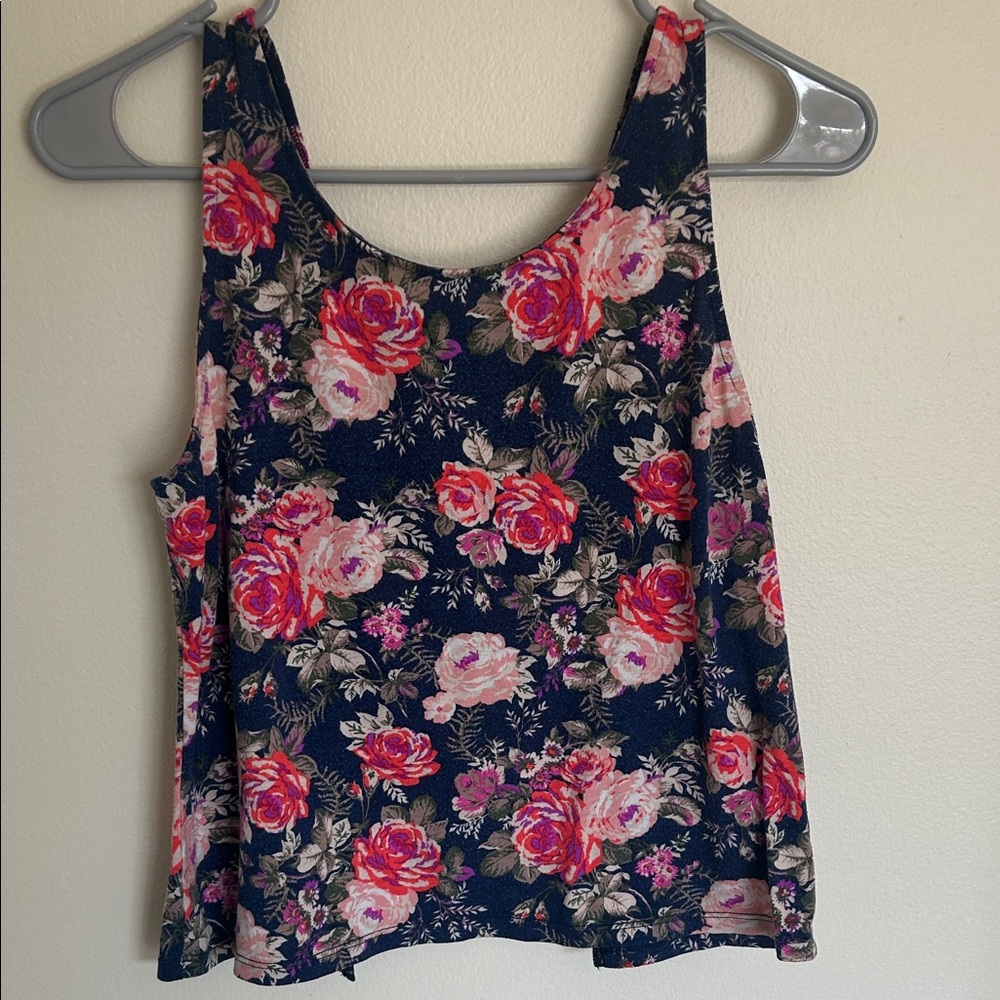 Xhilaration Women’s Floral Tank Top with Open Back - Pink and Blue